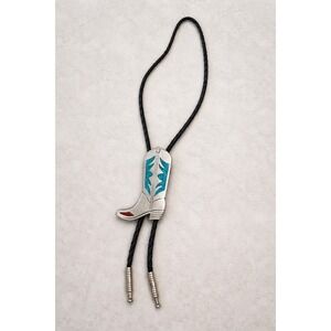 EGE Vintage Western Bolo Tie Cowboy Boot Turquoise Inlay Silver Tone Black‎ Cord